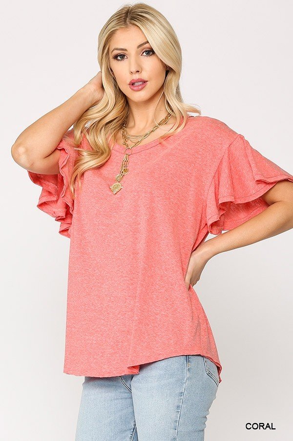 Solid Round Neck Frill Sleeve Top With Scoop Hem