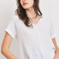 Waffle Raw Edge V-neck Rolled Up Short Sleeves Top