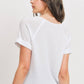 Waffle Raw Edge V-neck Rolled Up Short Sleeves Top