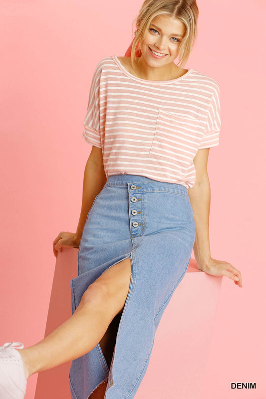 Asymmetrical Waist And Button Up Front Split Denim Skirt With Back Pockets And Unfinished Hem