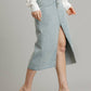 Asymmetrical Waist And Button Up Front Split Denim Skirt With Back Pockets And Unfinished Hem