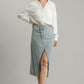 Asymmetrical Waist And Button Up Front Split Denim Skirt With Back Pockets And Unfinished Hem