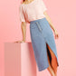 Asymmetrical Waist And Button Up Front Split Denim Skirt With Back Pockets And Unfinished Hem