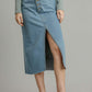 Asymmetrical Waist And Button Up Front Split Denim Skirt With Back Pockets And Unfinished Hem