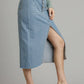 Asymmetrical Waist And Button Up Front Split Denim Skirt With Back Pockets And Unfinished Hem