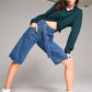 Mid Blue Denim Front Cut-out High-waist Buckle Self-tie Belt Detail Midi Flare Jean Pants