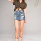 Medium Blue Washed Denim Ripped High Waist Raw Hem Detail Mini Skirt