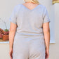 V Neck Short Raglan Sleeve Waist Elastic Band Side Pocket Solid French Terry Romper