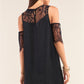 Black Cold Shoulder Lace Trim Back Button Up Mini Dress