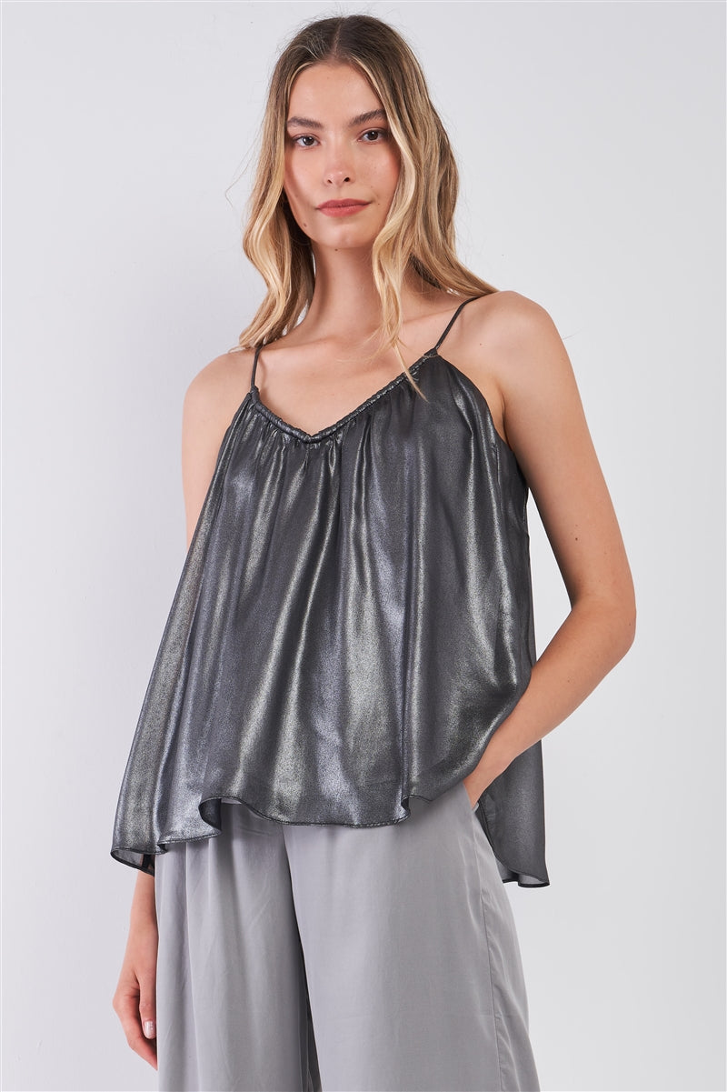 Silver Black Soft V-neck Sleeveless Gathered Loose Fit Top