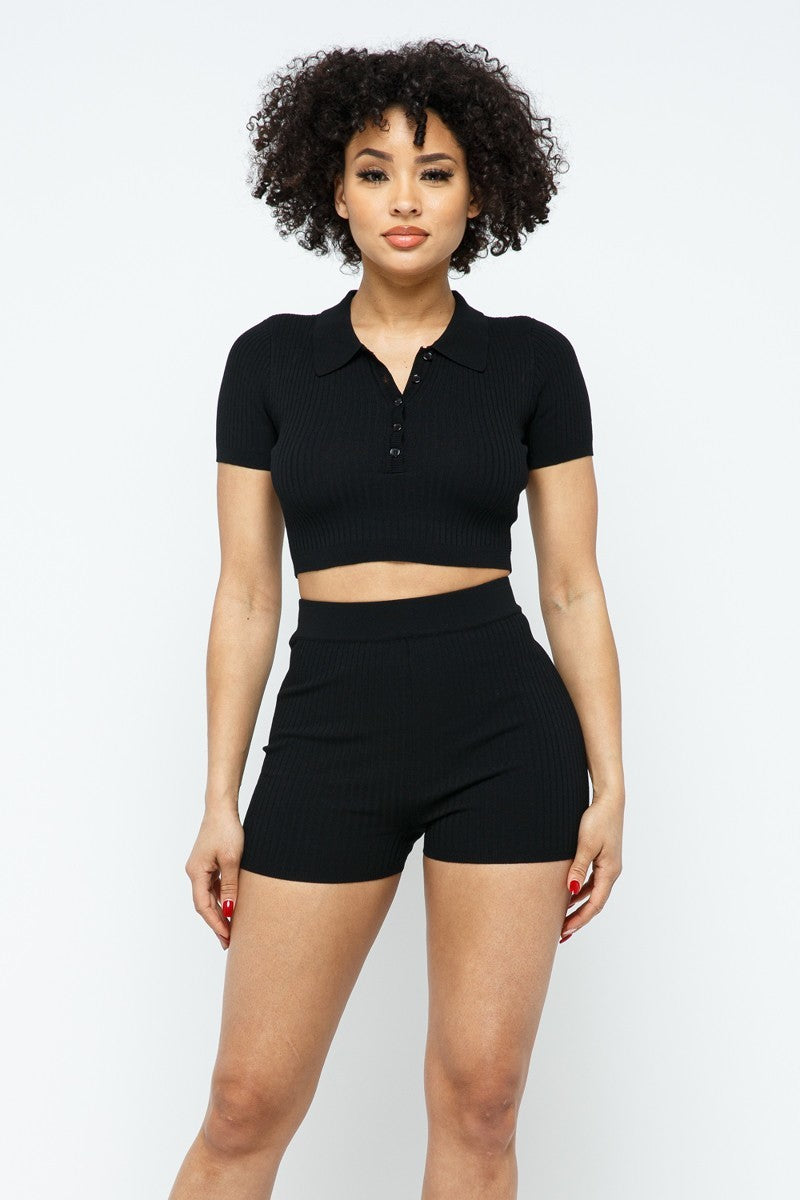 Collar Crop Top + Shorts Set