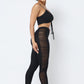 Mesh Strappy Adjustable Ruched Crop Top With Matching See Through Side Panel Leggings