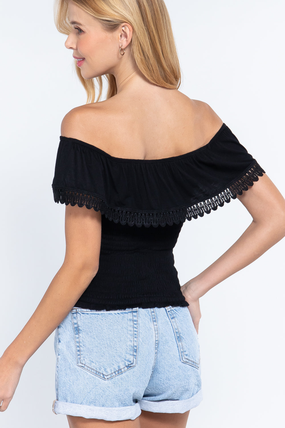 Off Shoulder W/lace Smocked Top