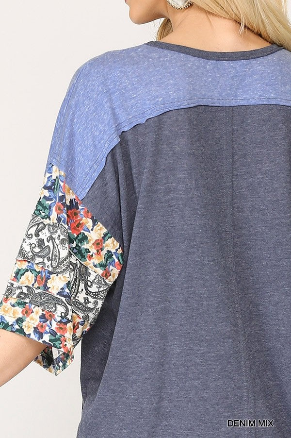 Colorblock Knit And Floral Print Mixed Top With Dolman Sleeve