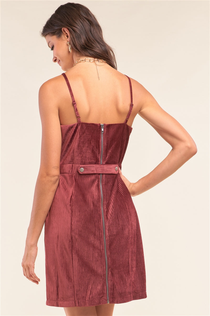 Cranberry Red Corduroy Sleeveless Square Neck Tight Fit Mini Dress