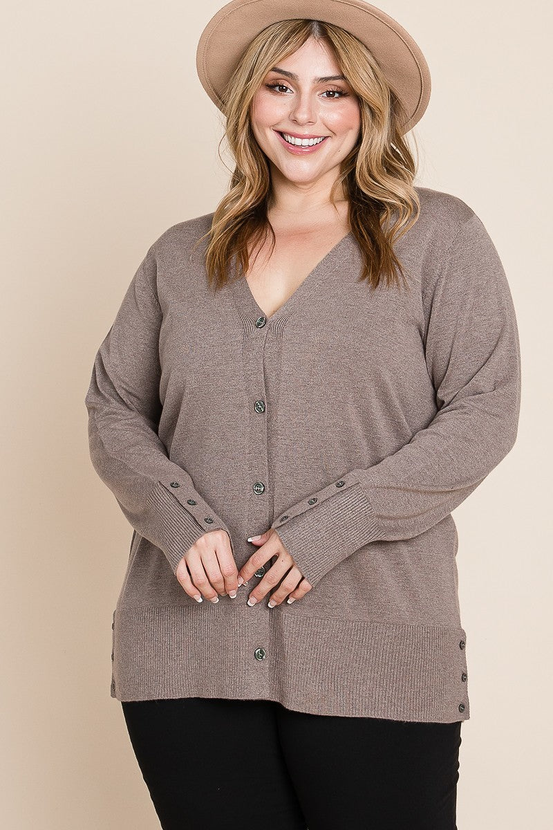 Plus Size Solid Buttery Soft V Neck Button Up High Quality Two Tone Knit Cardigan