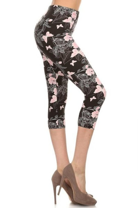 Multi-color Print, Cropped Capri Leggings In A Fitted Style With A Banded High Waist