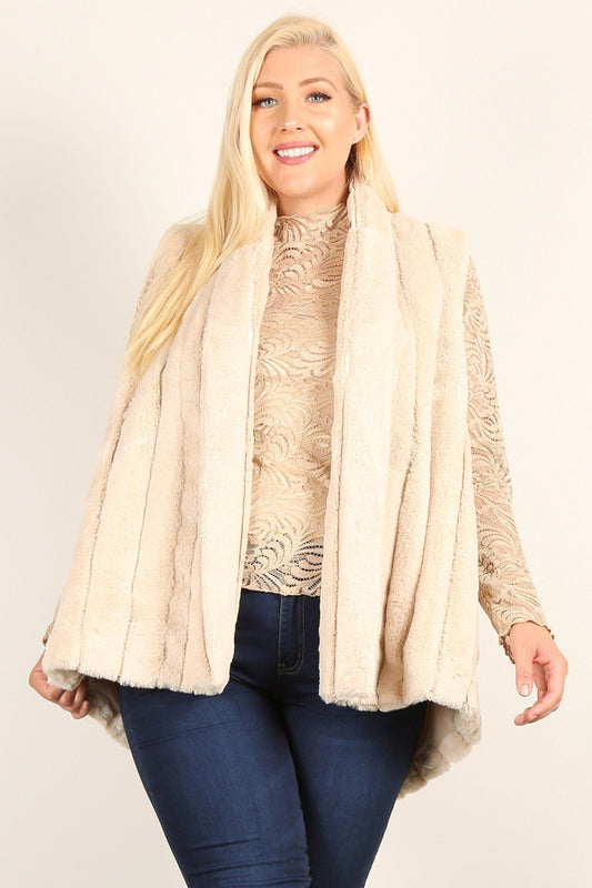 Plus Size Faux Fur Vest Jacket With Open Front, Hi-lo Hem, And Pockets