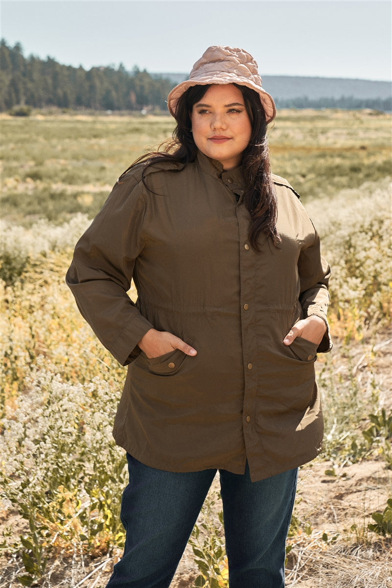 Plus Size Glossy Drawstring Hem Button-down Coach Jacket