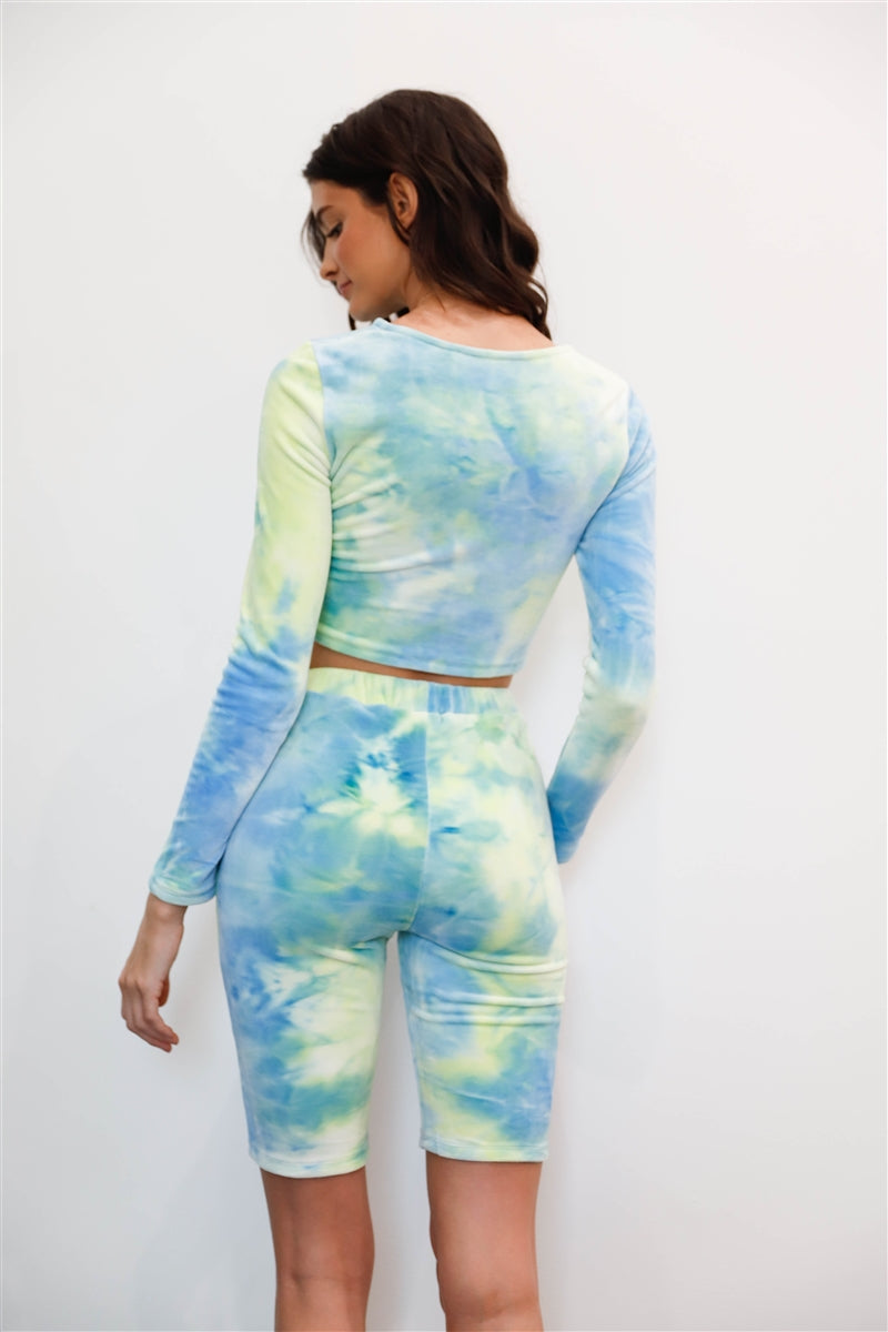 Multicolor Tie-dye Velvet Cropped Long Sleeve Top & Bike Shorts Set