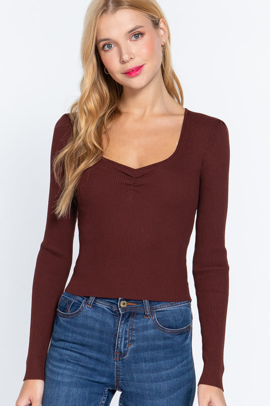 Shirring Sweatheart Neck Sweater