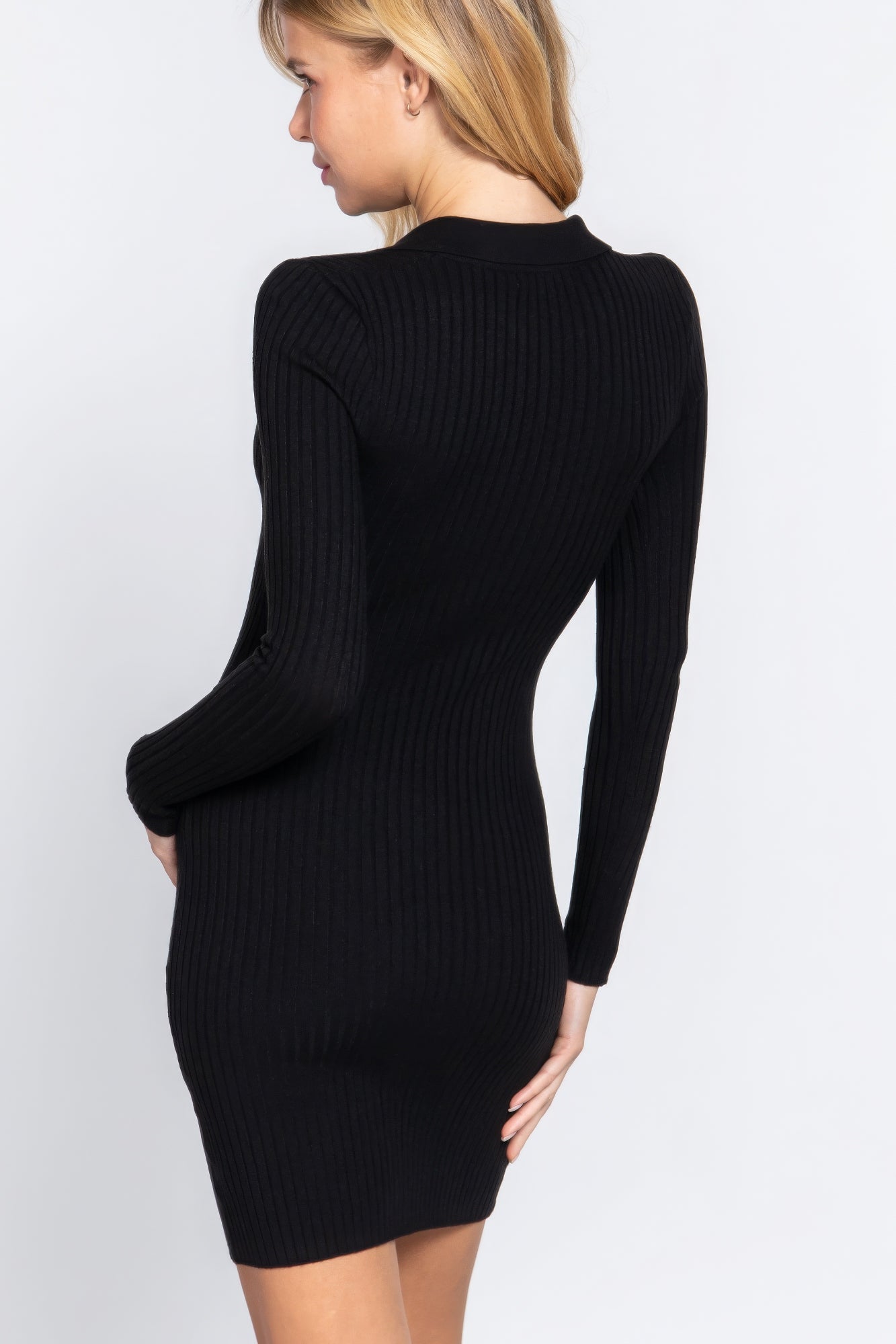 Long Slv V-neck Sweater Rib Mini Dress