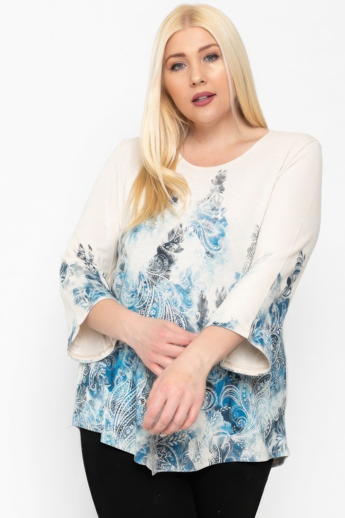 Print Top Featuring A Round Neckline And 3/4 Bell Sleeves