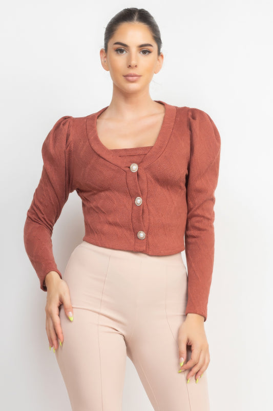 Geometric Cami Puff Sleeves Blazer Top Set