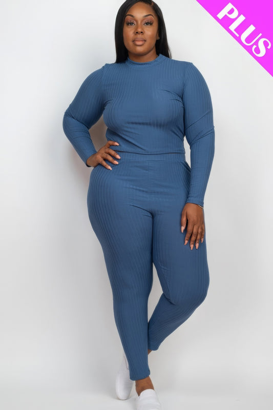 Plus Ribbed Mock Neck Long Sleeve Top & Leggings Set