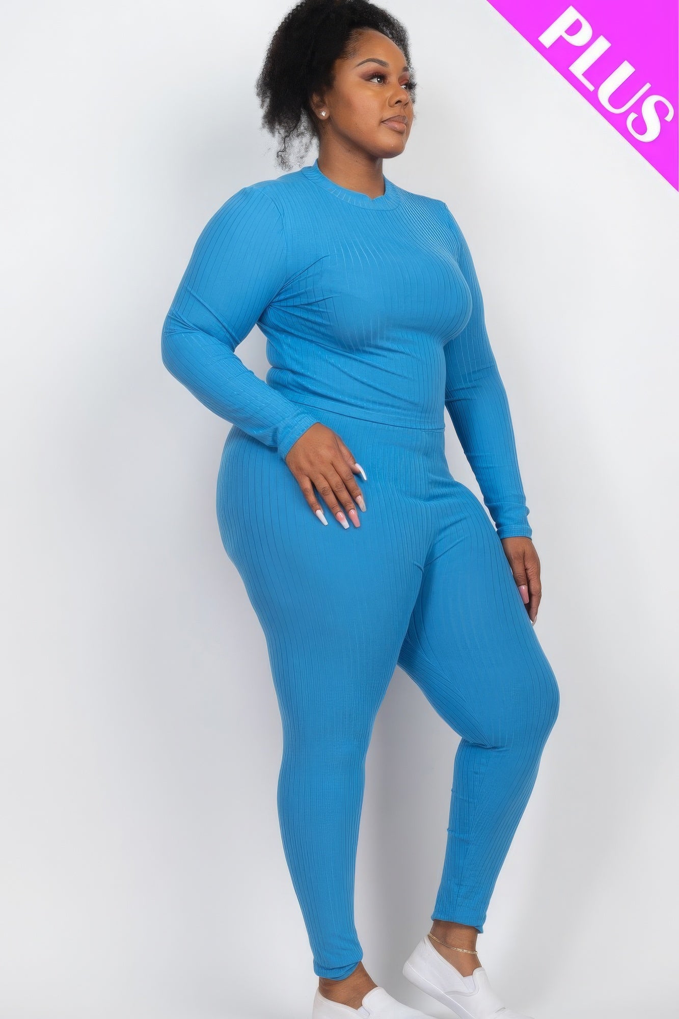 Plus Ribbed Mock Neck Long Sleeve Top & Leggings Set