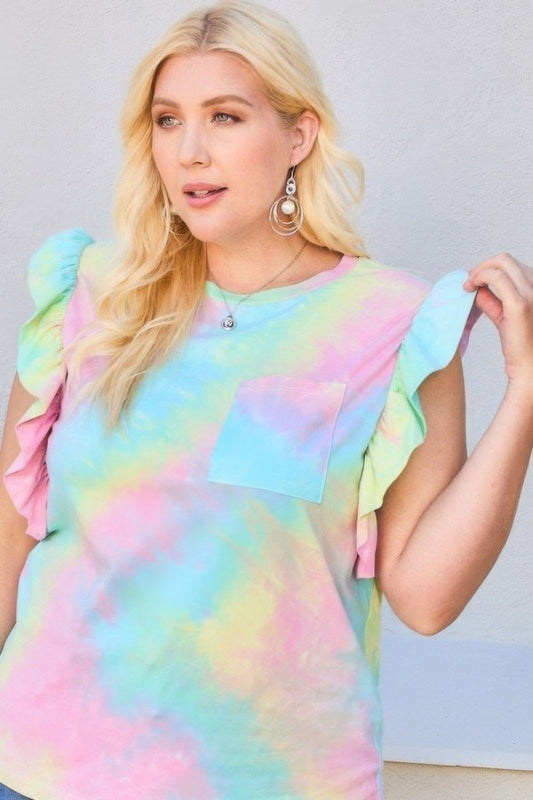 Plus Size Round Neck Ruffle Sleeve Front Pocket Tie Dye Knit Top