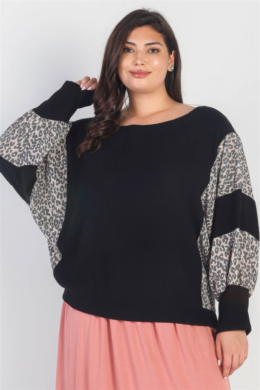 Plus Black Flannel Leopard Print Colorblock Dolman Sleeve Top