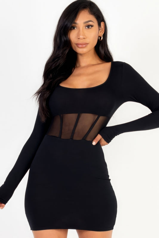 Square neck mesh corset mini dress