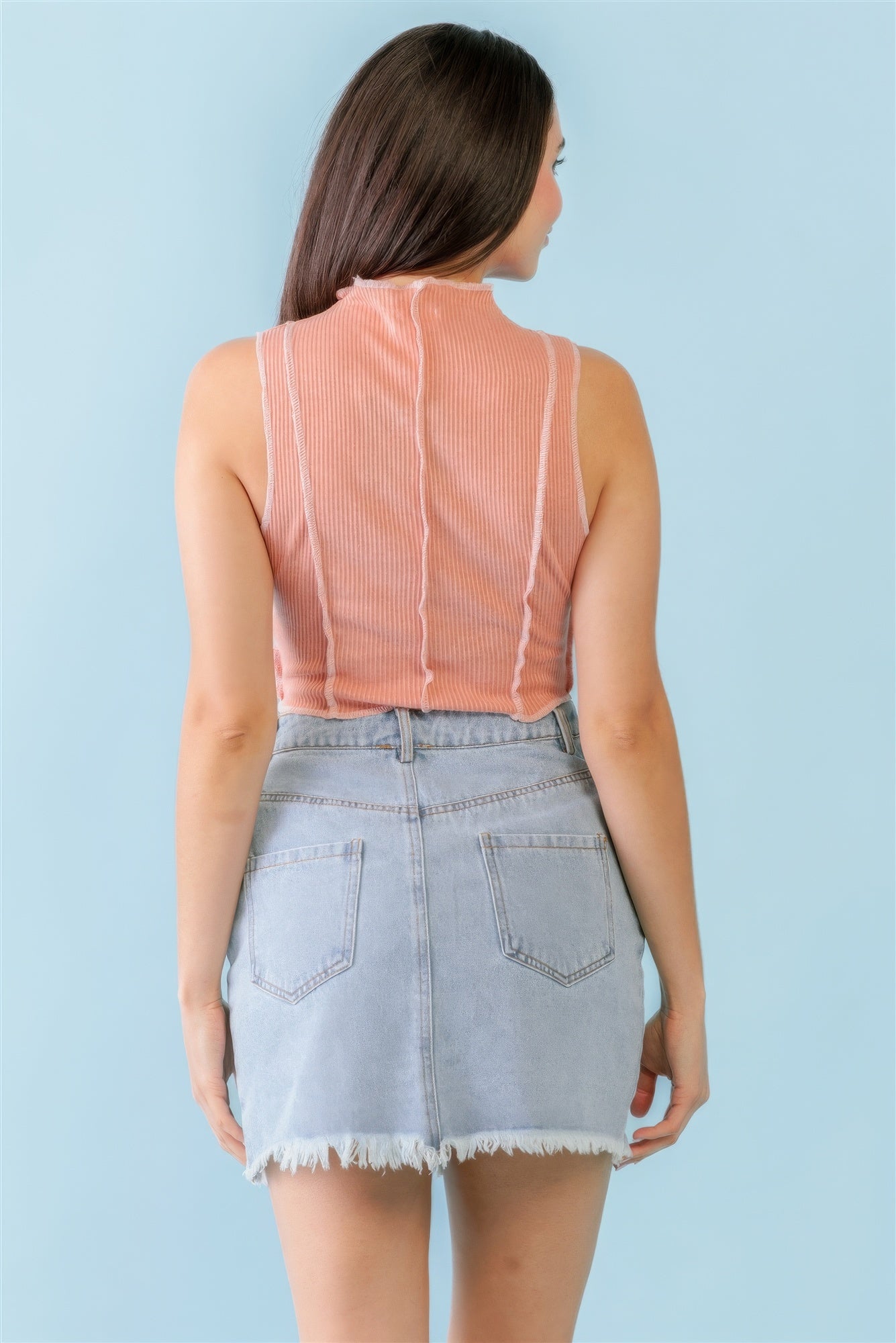 Dark Peach Ribbed Inside-out Sleeveless Mock Neck Crop Top