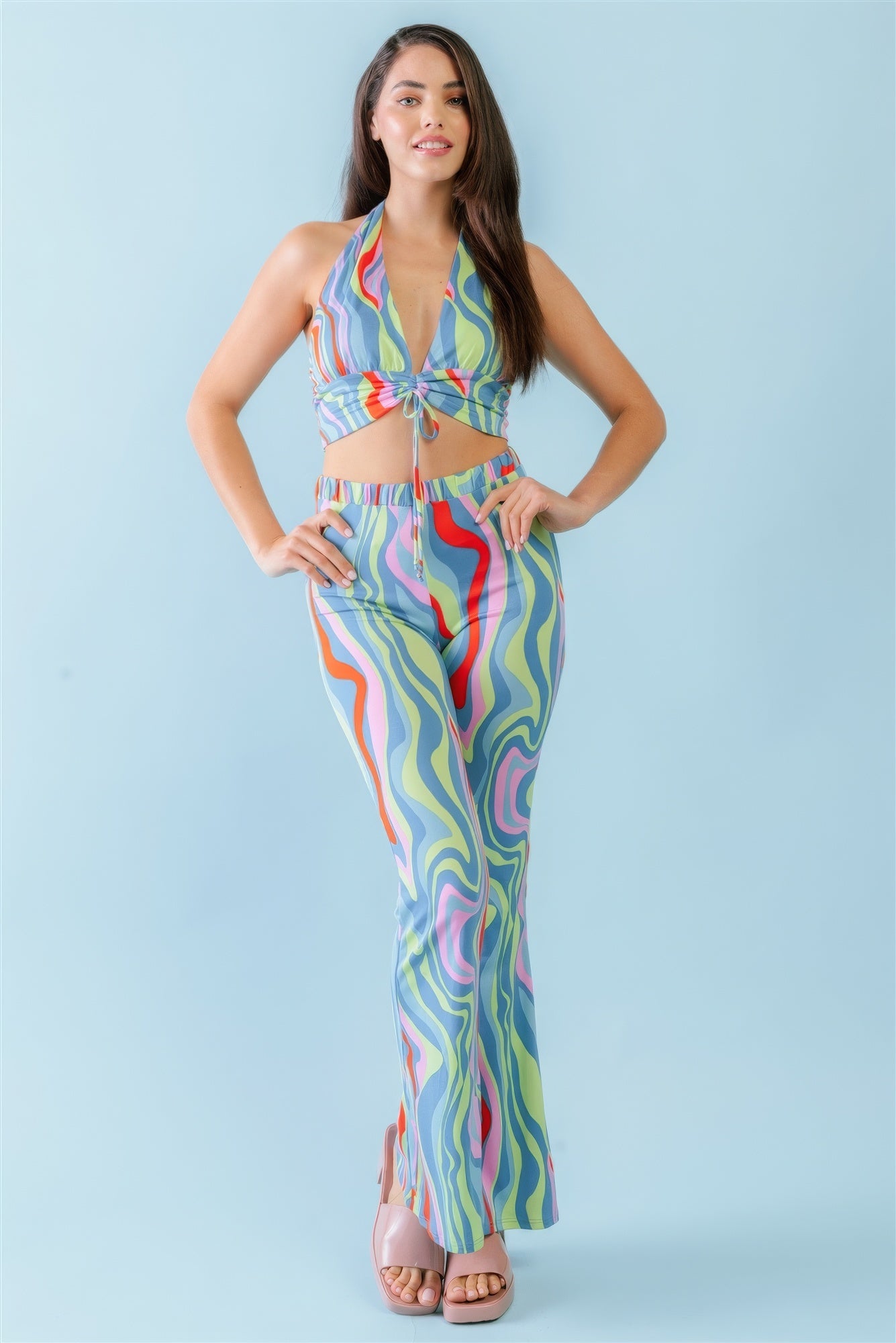 Multicolor Abstract Print Halter V-neck Ruched Open Back Crop Top & High Waist Pants Set