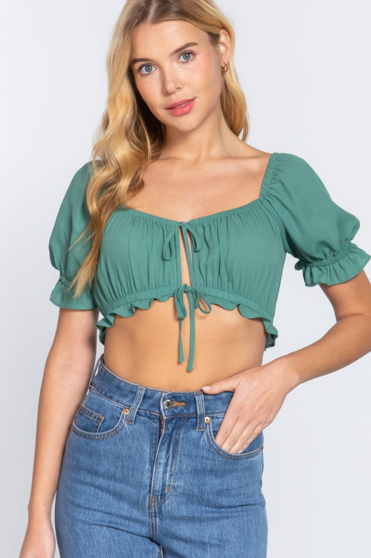 Short Slv Print Crop Woven Top