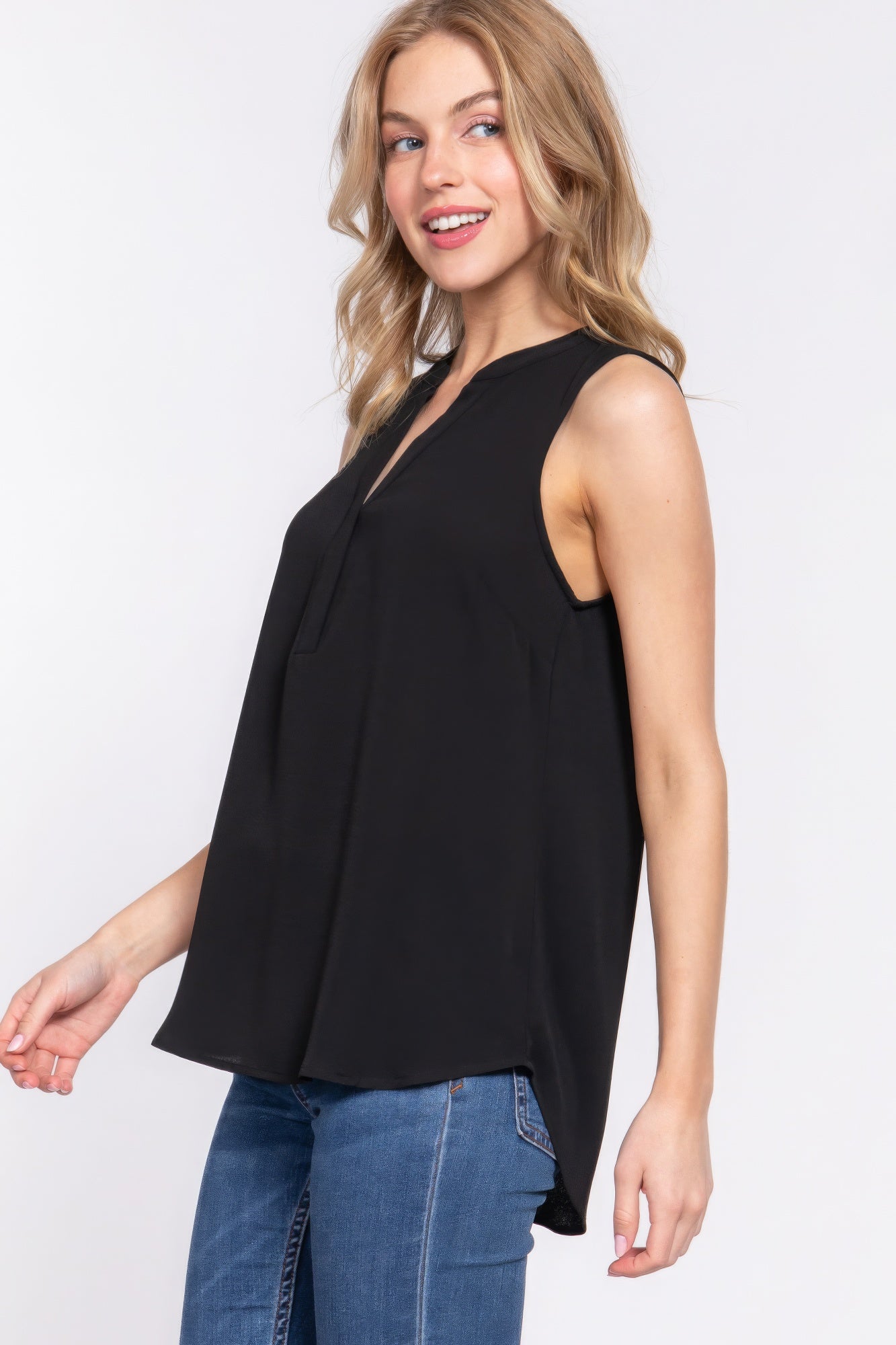 Sleeveless Henley Neck Woven Top