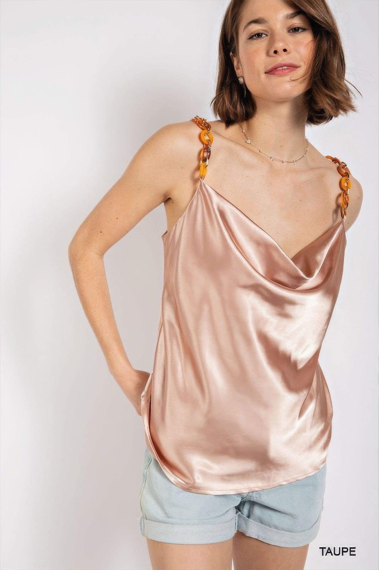 Cowl neck satin camisole with chain strap