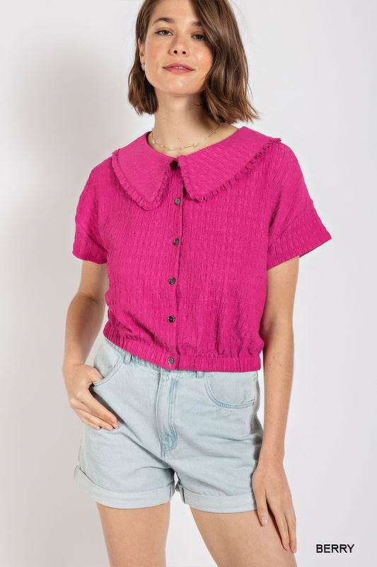 Peter pan collar textured knit button down top