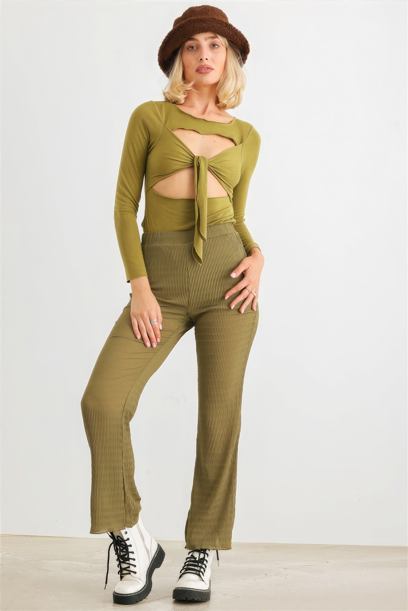 Green Cut-out Tie Knit Long Sleeve Bodysuit