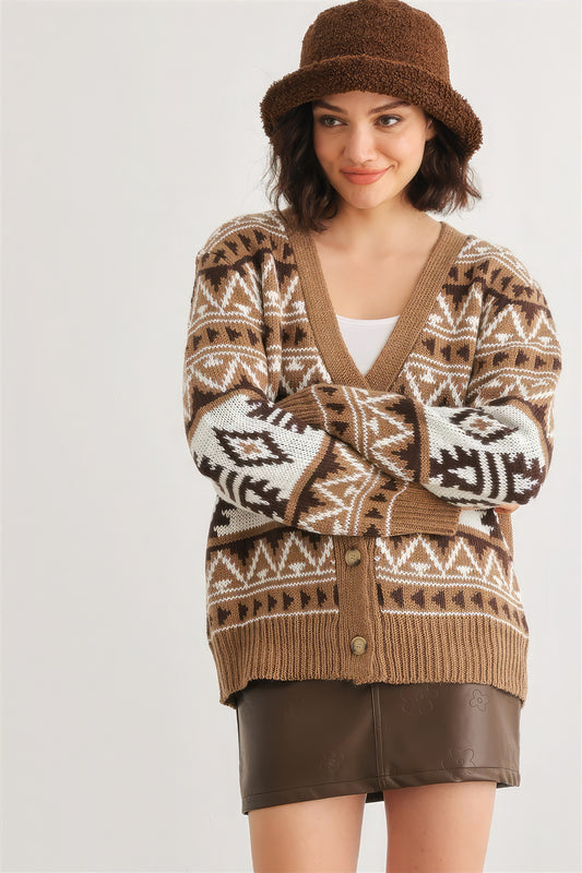 Fair Isle Knit Button-up Long Sleeve Cardigan Sweater