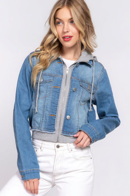 Long Slv Terry Hoodie Denim Jacket