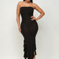 Solid Bottom Ruffle Trim Hem Slit Tube Maxi Dress