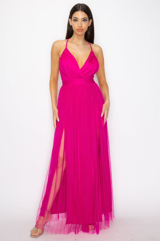 Pleated Mesh Slit Maxi Dress