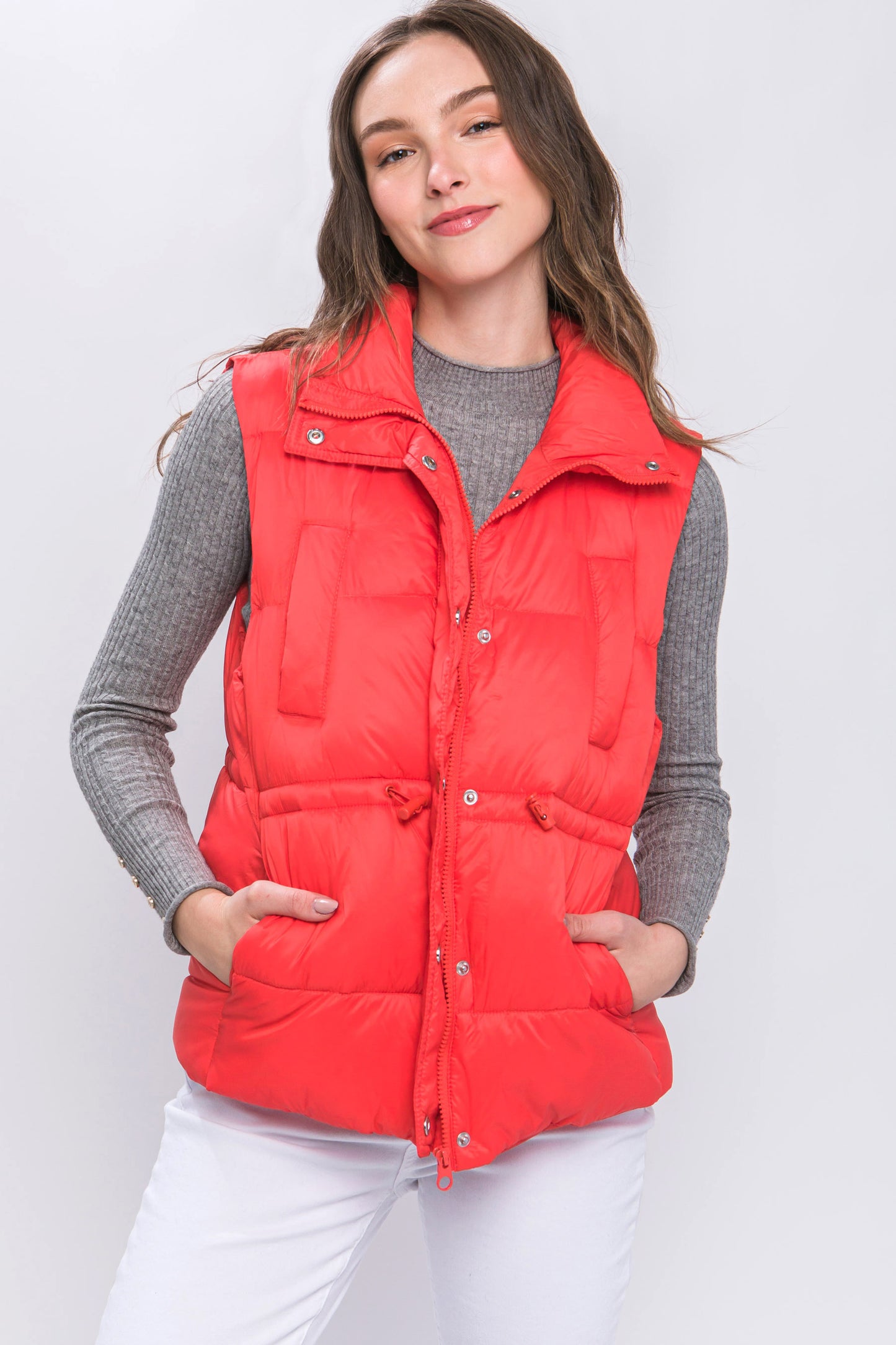 Zip Up Button Puffer Vest With Waist Toggles