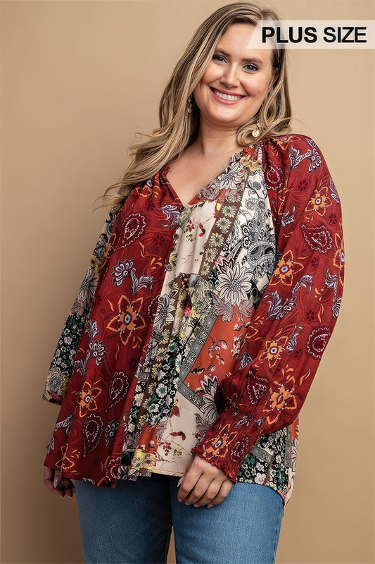 Mixed Print Front Button Long Sleeve Top